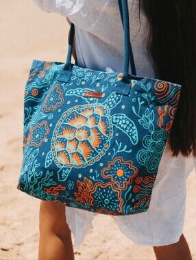 Sand Cloud Reef Turtle Beach Tote Bag Blue Orange Organic Cotton Canvas NWT